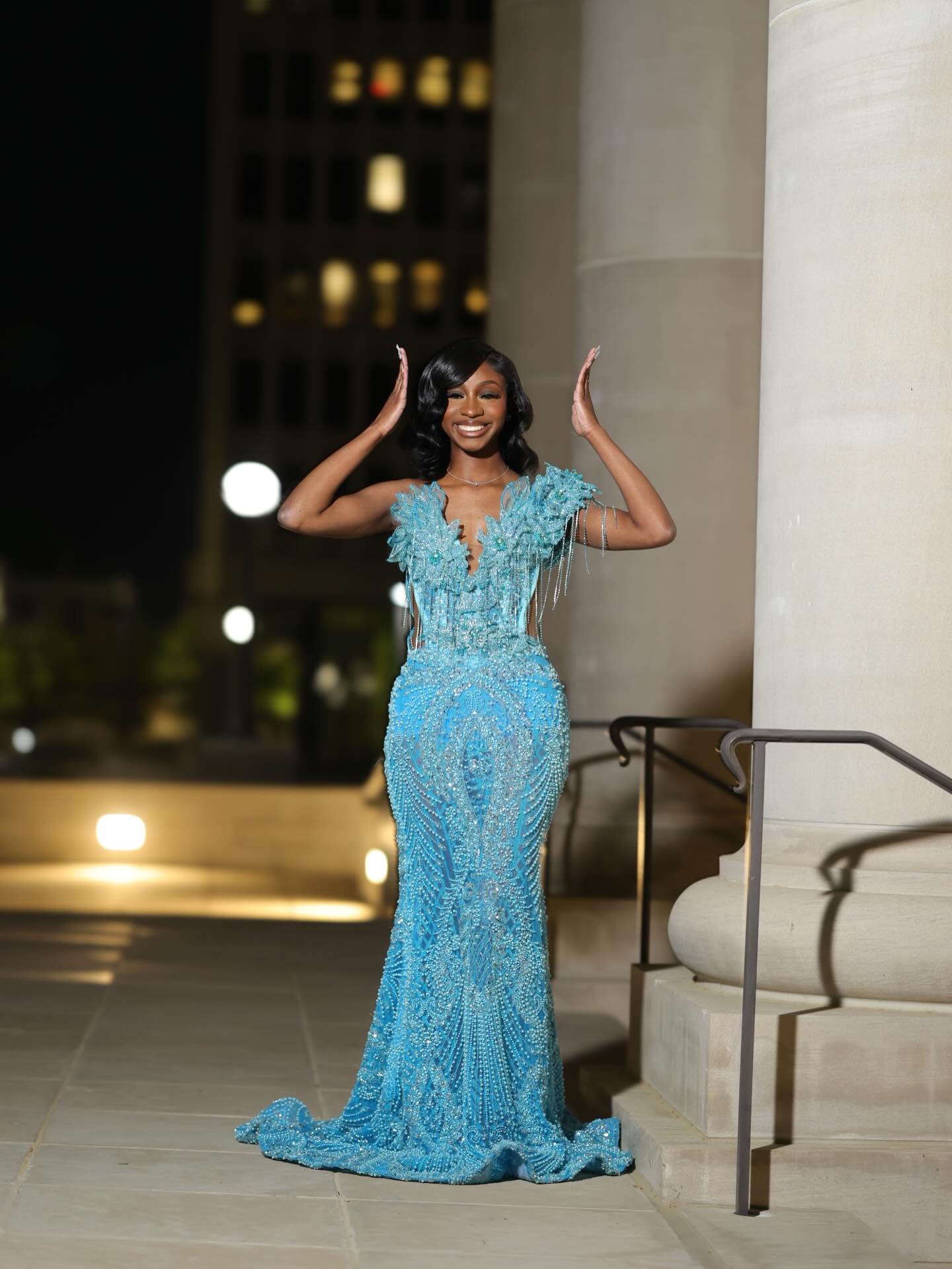 Sky Blue 3D Floral Crystal Chain Fringe Deep V-Neck Sheer Illusion Mermaid Prom Dress