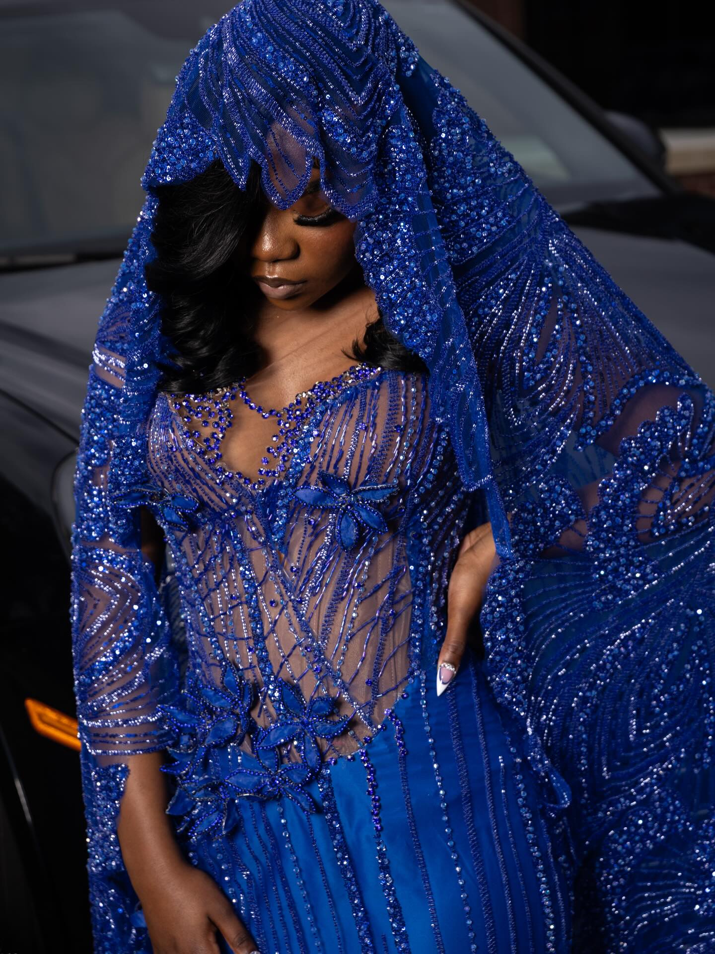 Royal Blue Sequin Beaded Mermaid Prom Dress with Detachable Cape | BK4743