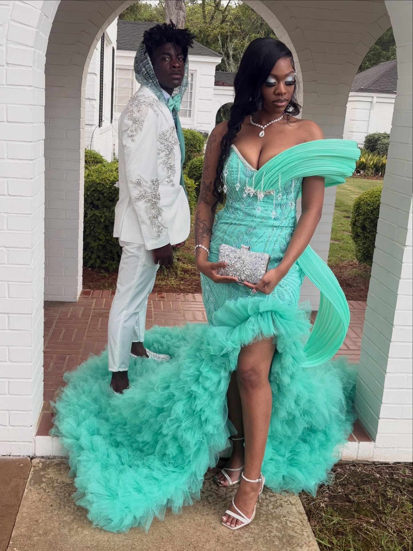 Mint Green Off-Shoulder Sequin Beaded Mermaid Prom Dress with Ruffled Tulle Hi-Lo Train