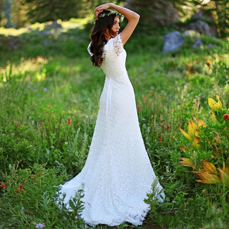 LLELLA Short Sleeves Lace Boho Wedding Dress On Sale-LLELLA