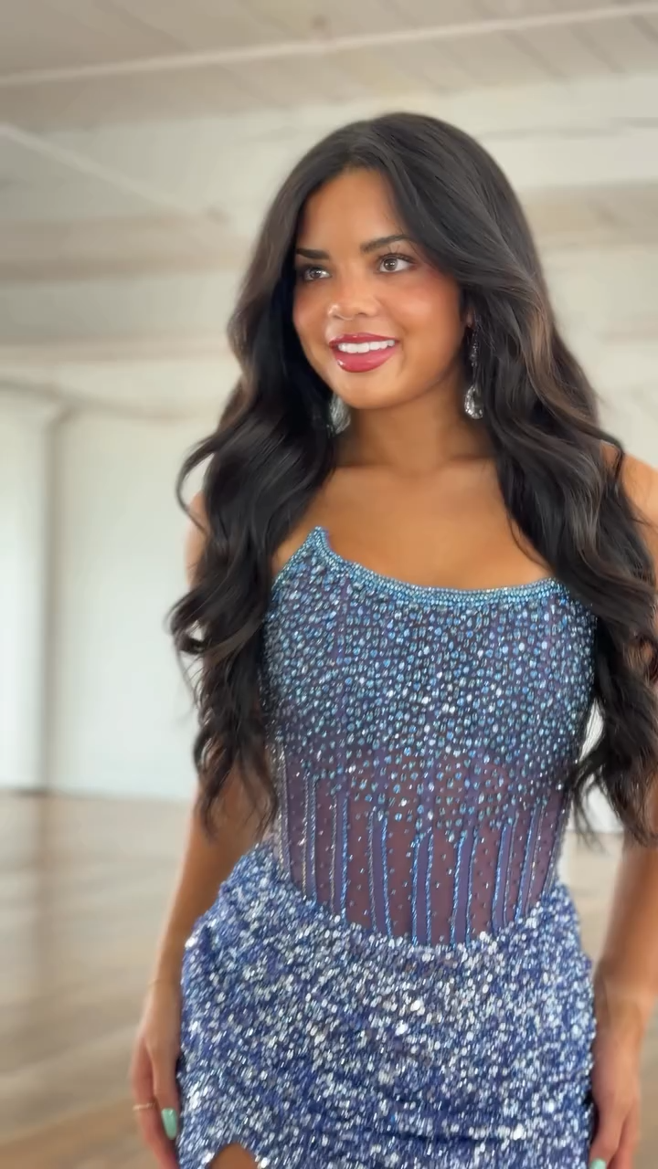 Periwinkle Sequin Rhinestone Corset Mini Homecoming Dress
