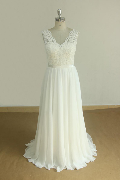 LLELLA Elegant V-neck Sleeveless Lace Wedding Dresses White A-line Chiffon Bridal Gown On Sale-LLELLA
