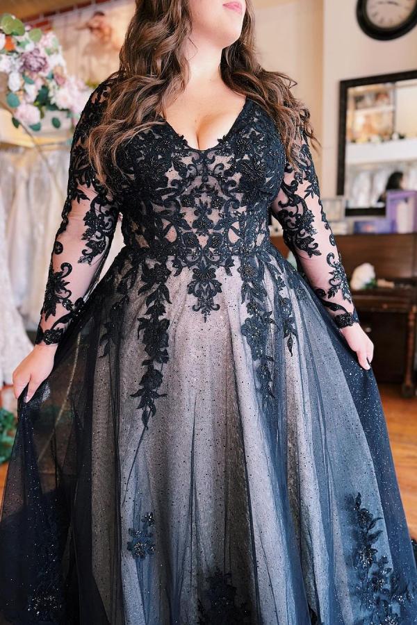 LLELLA Long Sleeves Black Wedding Reception Dress V-Neck With Appliques-LLELLA