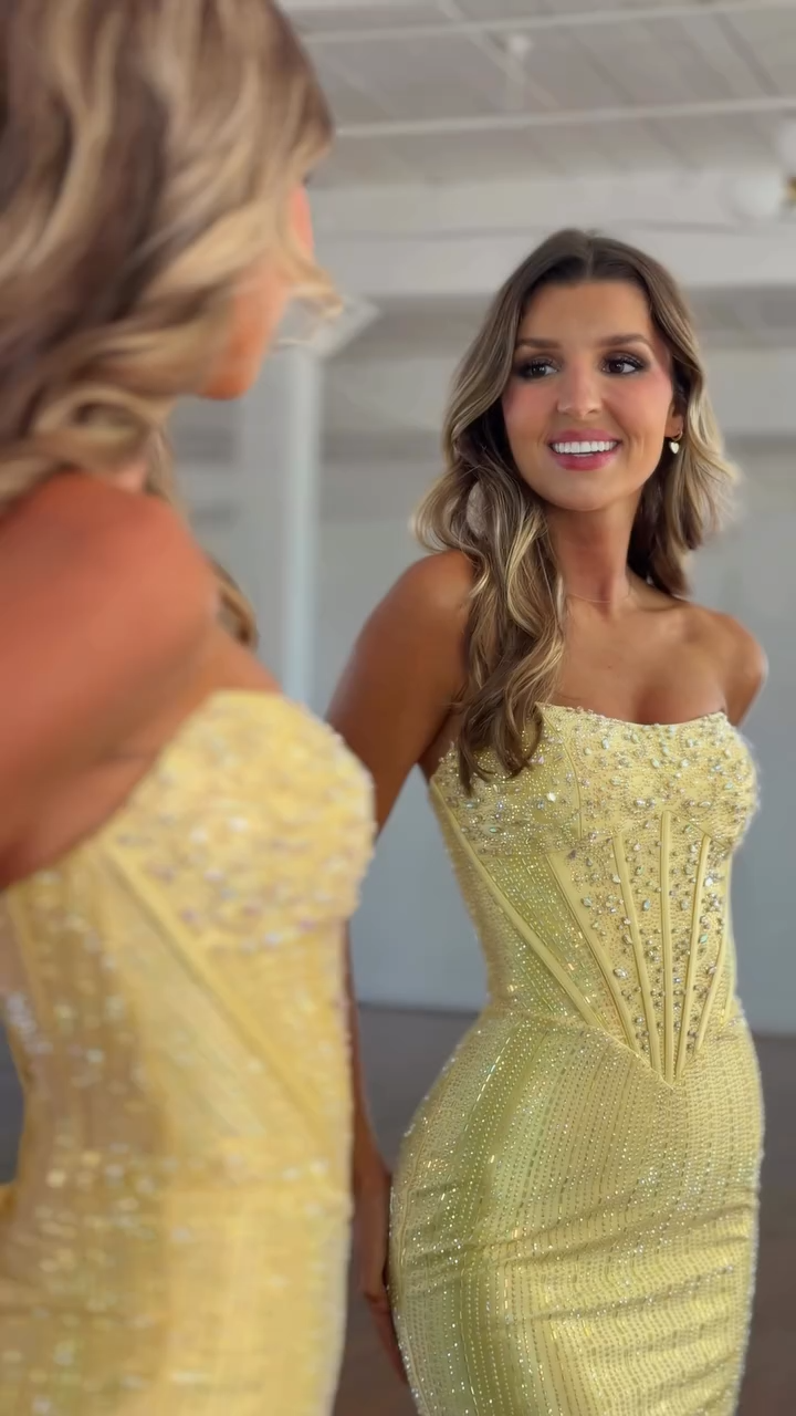 Yellow Strapless Crystal Sequin Boned Corset Bodycon Homecoming Dress HC175