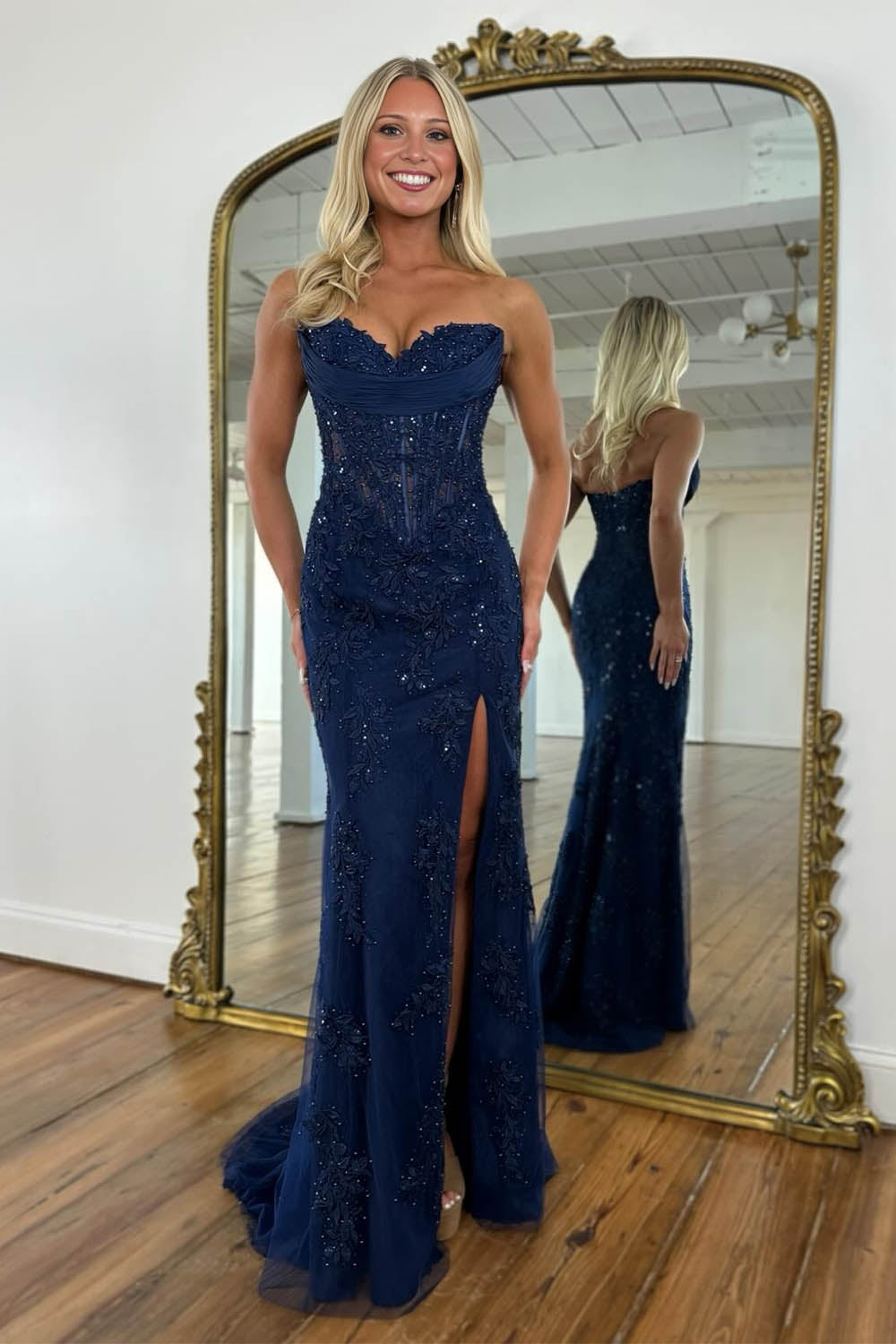 Lace Strapless Slit Prom Dress-LLELLA