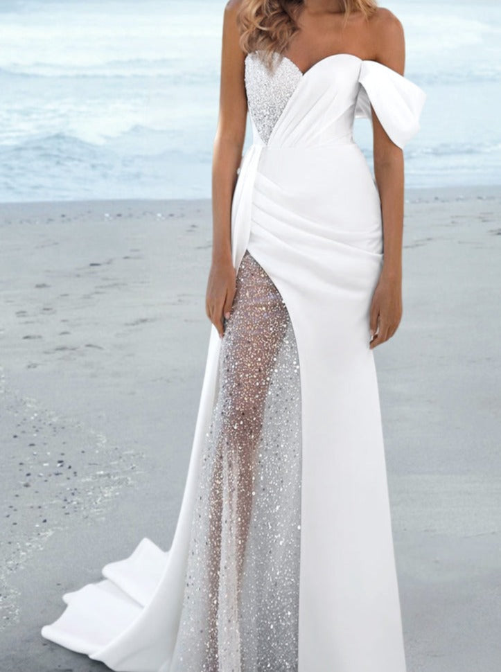 Sheath/Column One-Shoulder Floor-Length Wedding Dress White