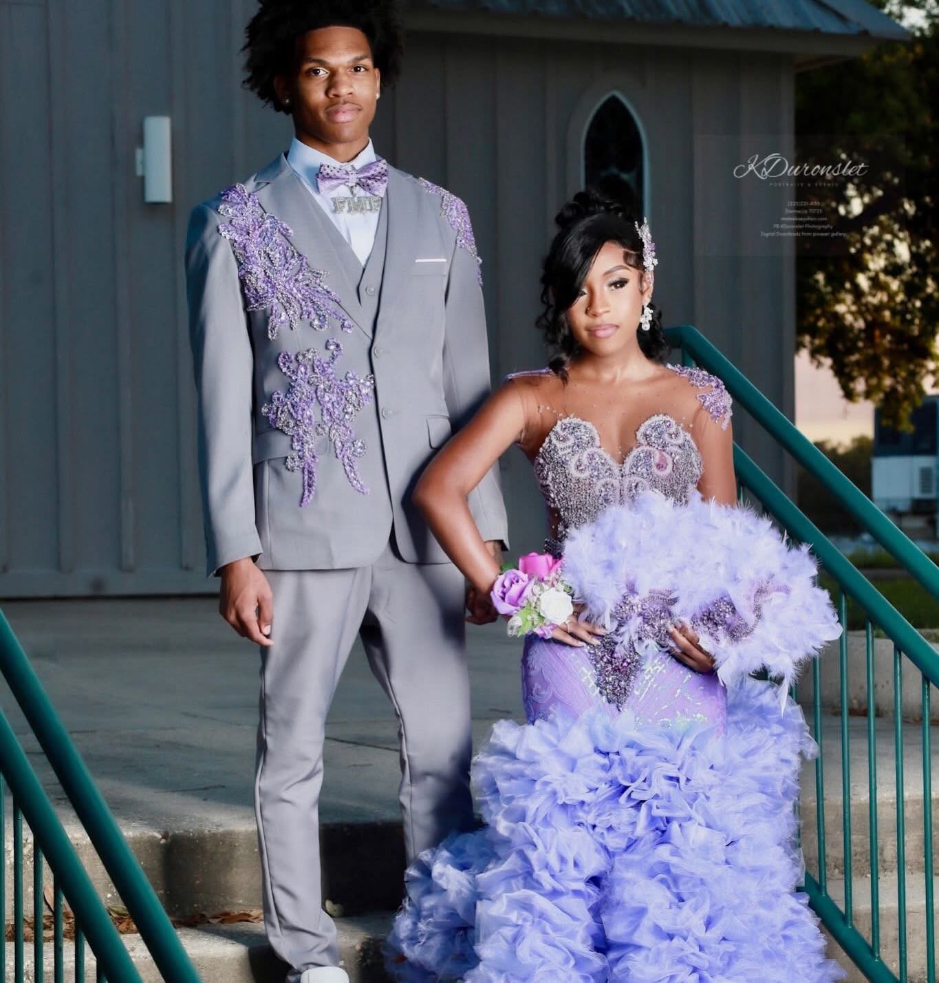 Lavender Dream - Purple Crystal Beaded Sheer Bodice Prom Dress with Ruffle Feather Skirt-LLELLA