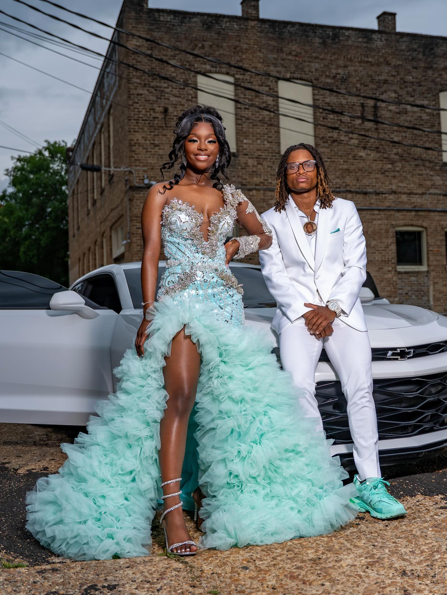 Mint Green Strapless Crystal Beaded Hi-Lo Prom Dress with One-Sleeve Detail & Ruffled Tulle Skirt