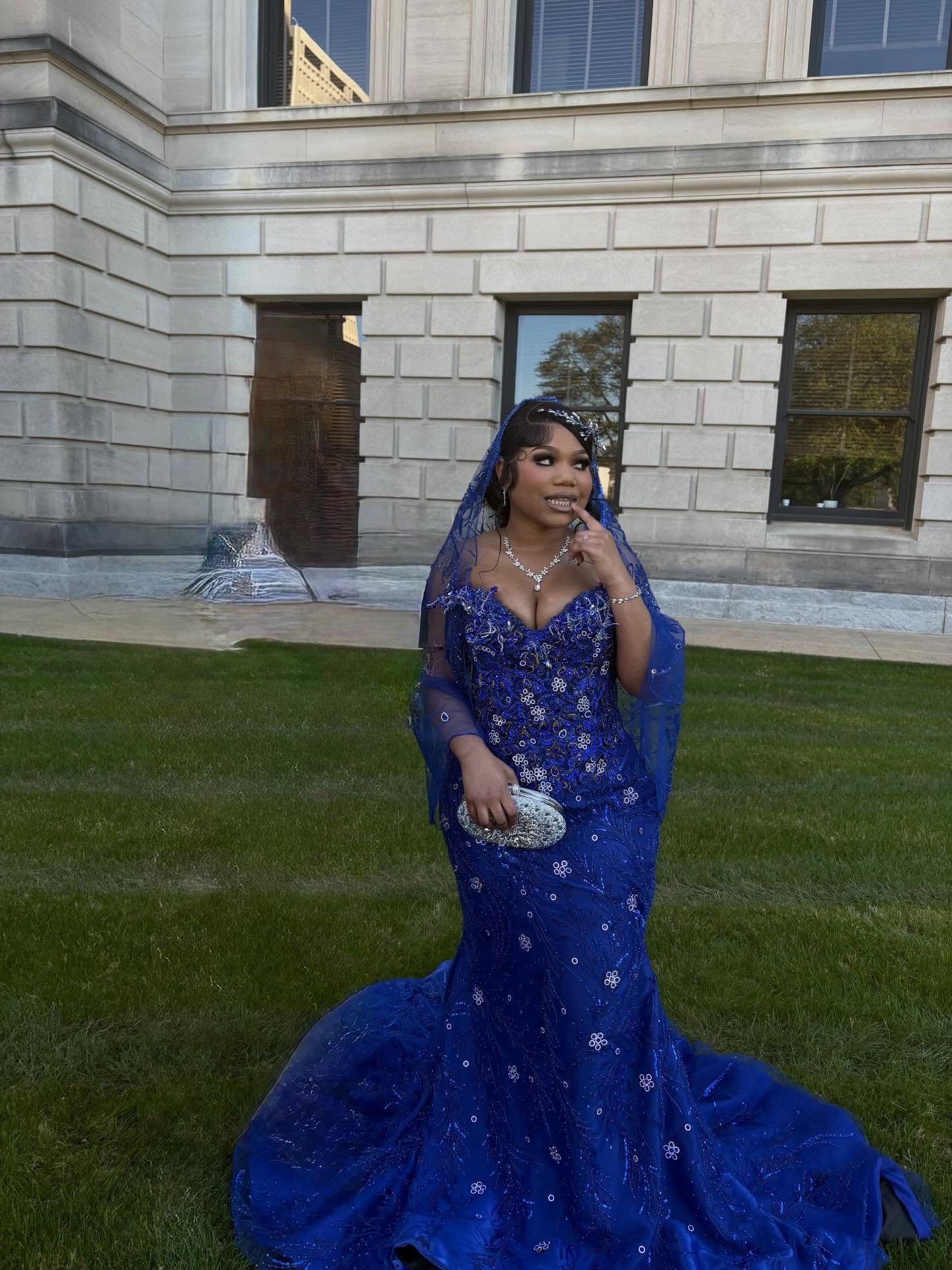 Royal Blue 3D Rose Floral Crystal Beaded Long Sleeve Mermaid Prom Dress with Custom Cathedral Train and Veil