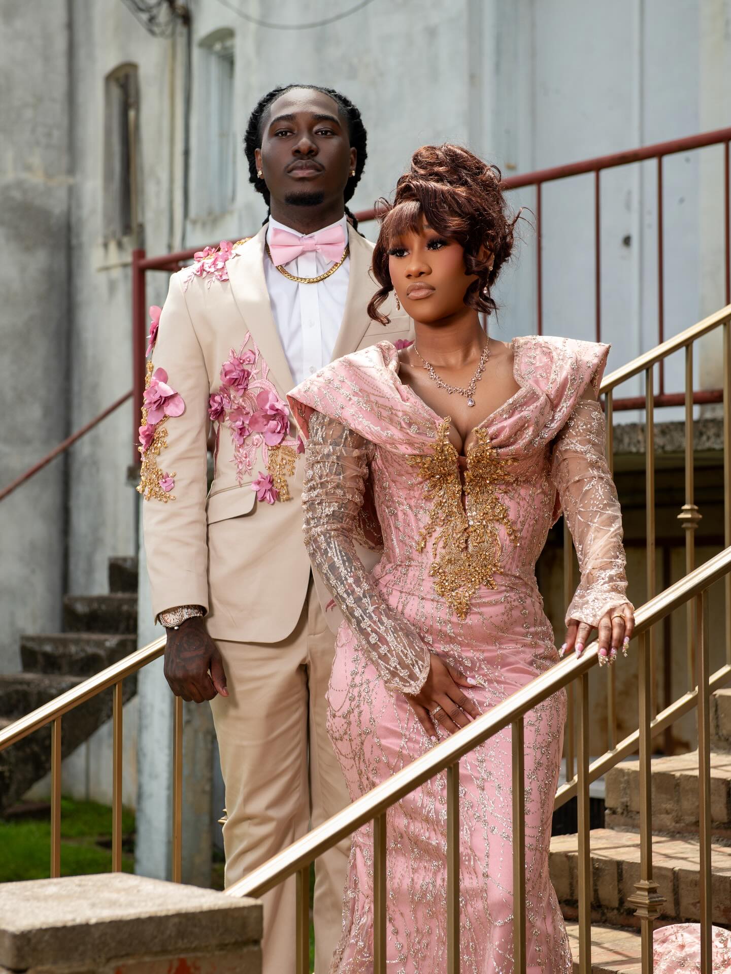 Blush Pink Gold Sequin Lace Off-Shoulder Long Sleeve Mermaid Prom Dress with 3D Floral Bodice