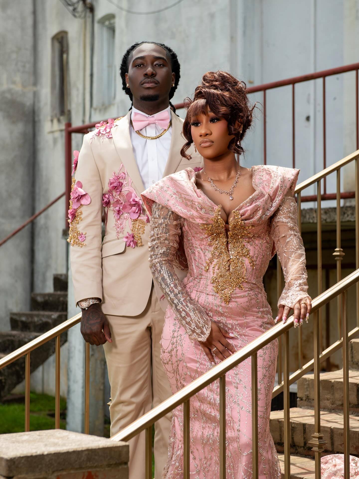Blush Pink Gold Sequin Lace Off-Shoulder Long Sleeve Mermaid Prom Dress with 3D Floral Bodice