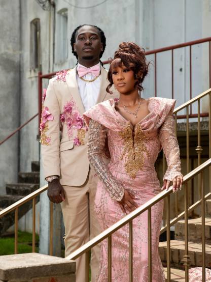Blush Pink Gold Sequin Lace Off-Shoulder Long Sleeve Mermaid Prom Dress with 3D Floral Bodice