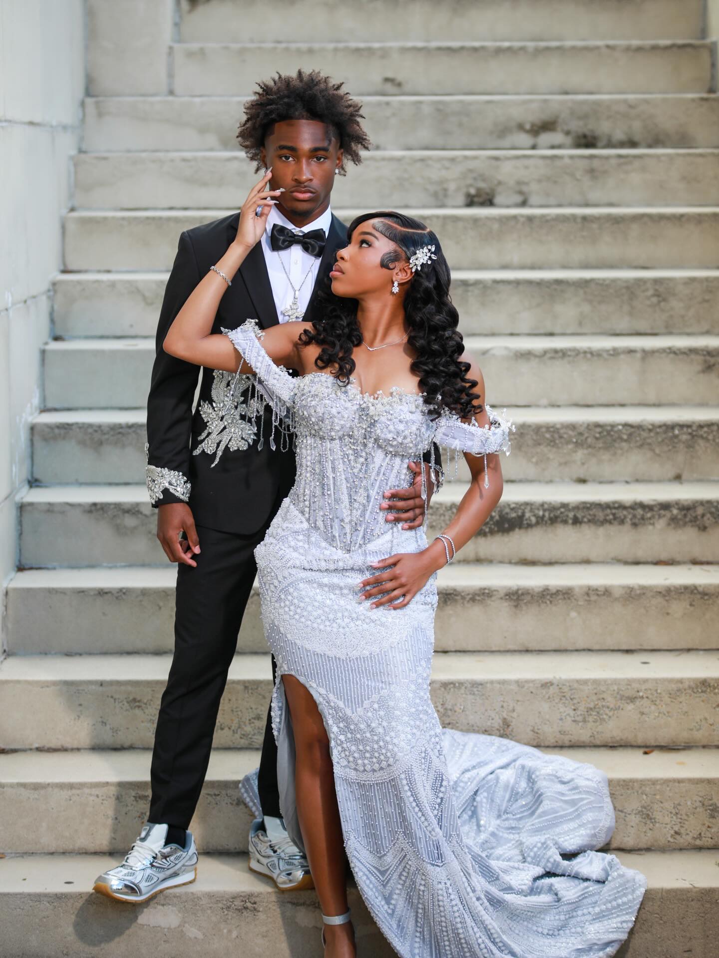 Silver Frost - Silver Crystal Beaded Off-Shoulder Mermaid Prom Dress with Crystal Fringe & Thigh Slit-LLELLA