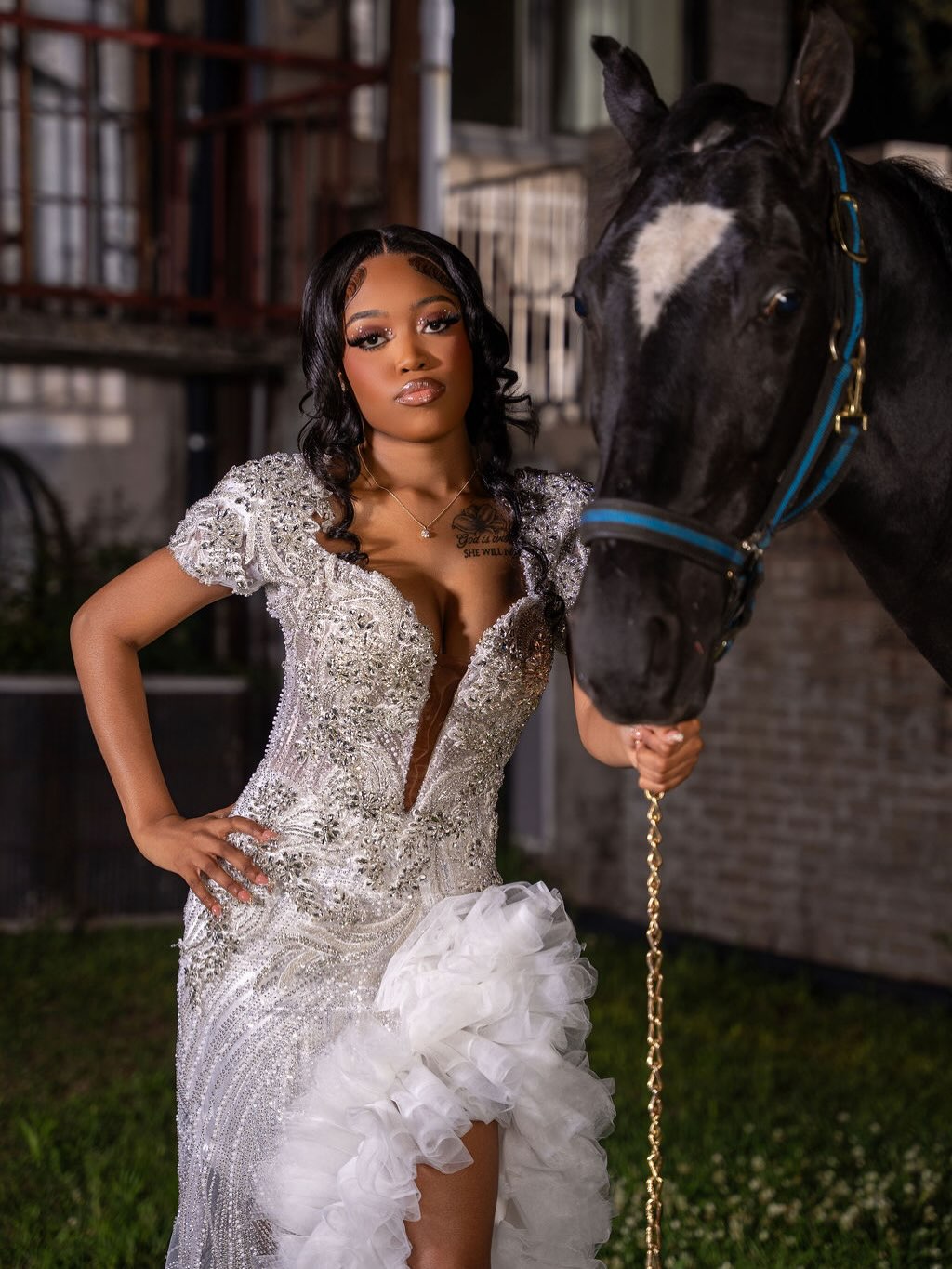 Silver Sequin Beaded Mermaid Gown with Ruffle Train