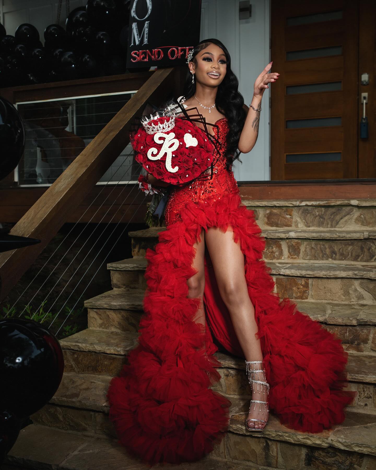 Scarlet Empress Red Sequin Gown – 3D Silver Lace & Tiered Ruffle Train