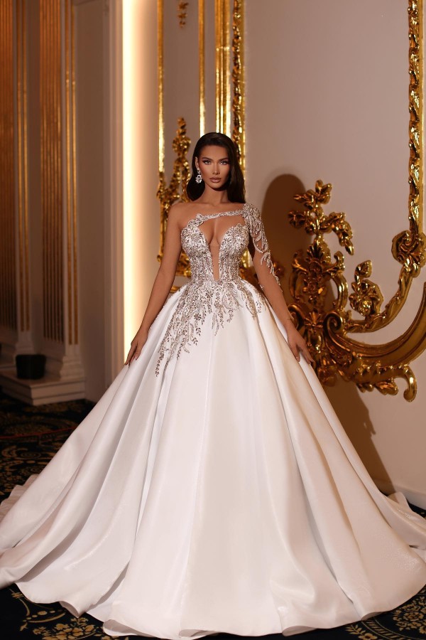 LLELLA One Shoulder Long Sleeves Princess Wedding Dress With Beads-LLELLA