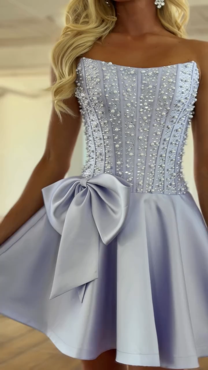 Lavender Strapless Pearl Beaded Corset Bow A-Line Homecoming Dress HC166