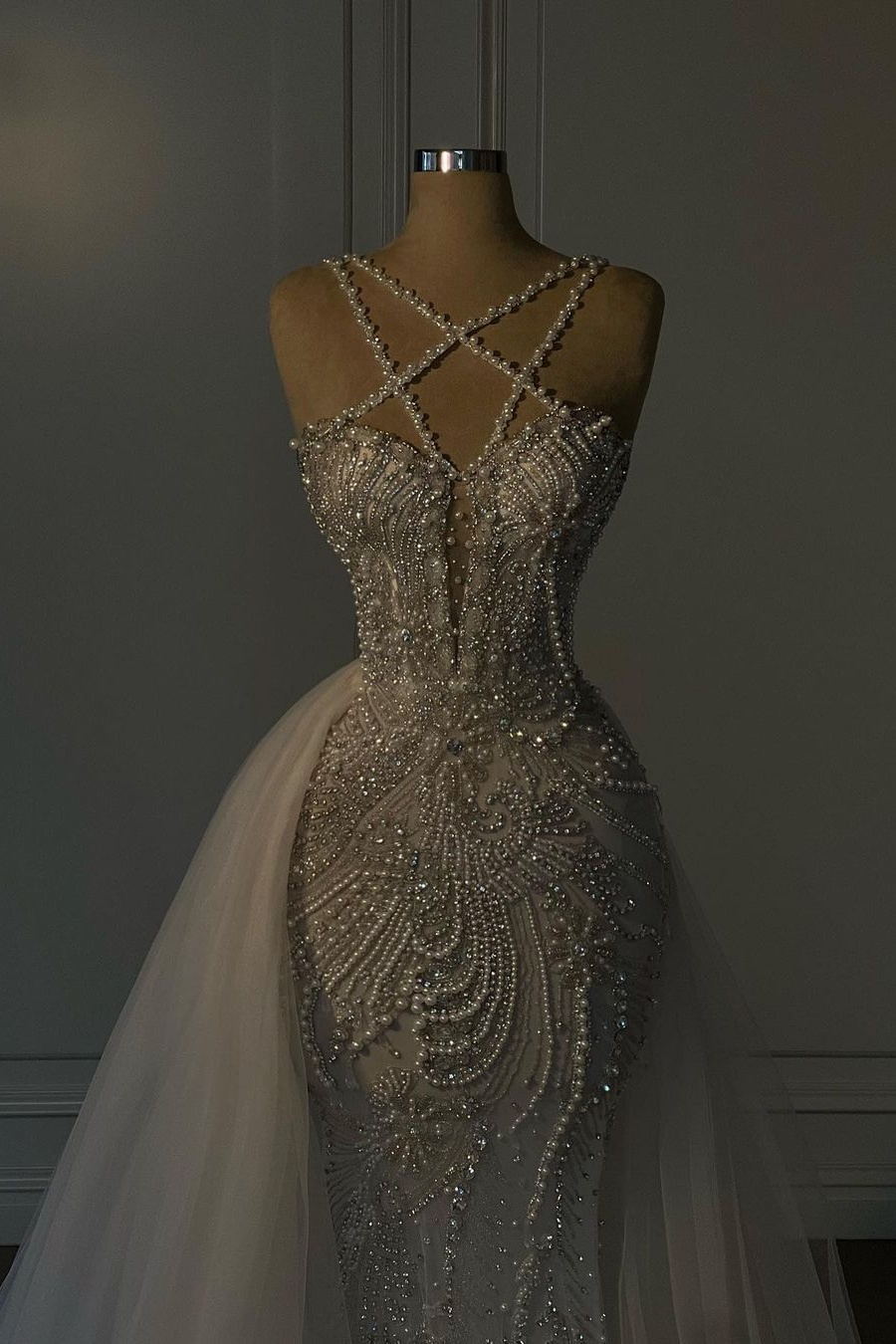 Heavy Mermaid Wedding Dress V-neck Spaghetti Strap Long With Beadings-LLELLA