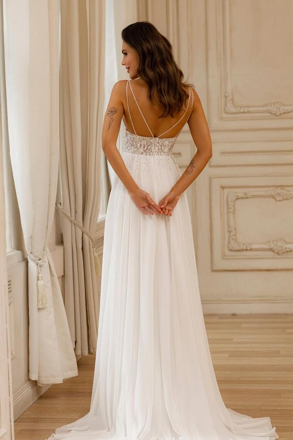 Elegant A-Line V-Neck Spaghetti Straps Lace Chiffon Wedding Dresses-LLELLA