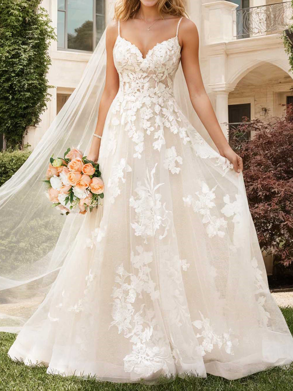 A-Line/Princess V-Neck Floor-length Wedding Dress Ivory