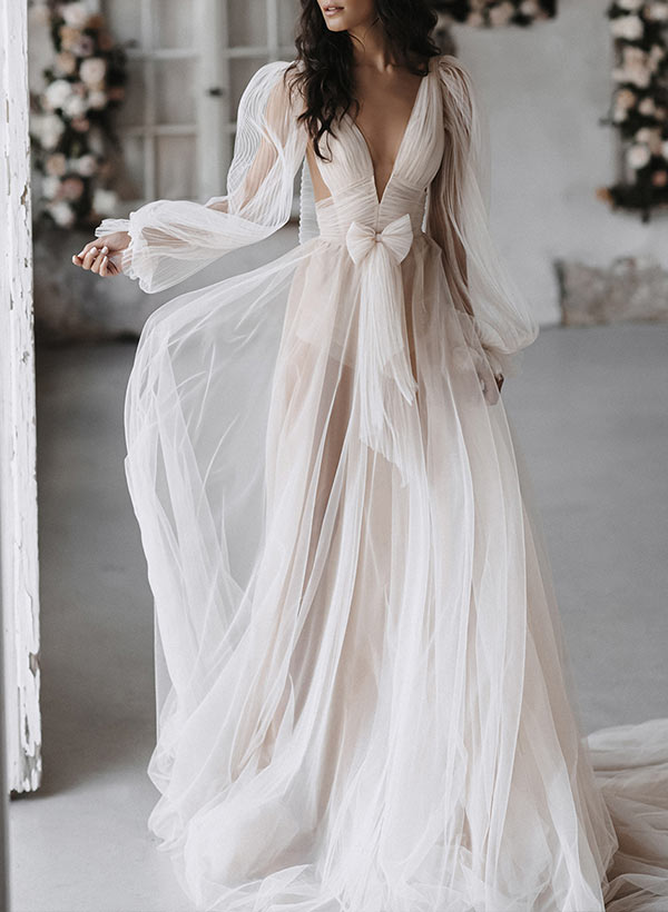 A-Line/Princess V-Neck Floor-length Wedding Dress Ivory