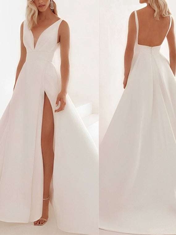 A-Line/Princess V-Neck Floor-length Wedding Dress White