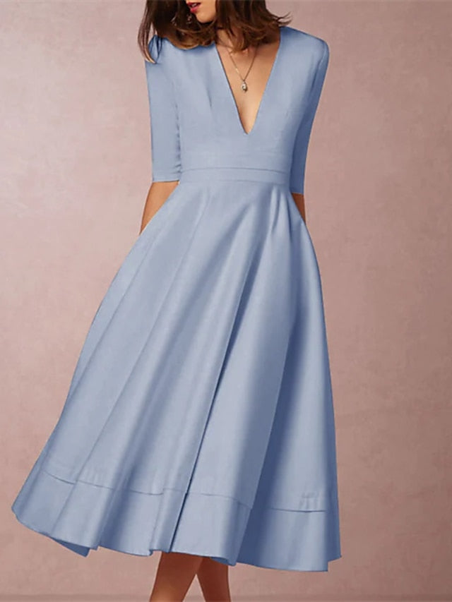 A-Line/Princess V-Neck Tea-length Wedding Dress Sky Blue