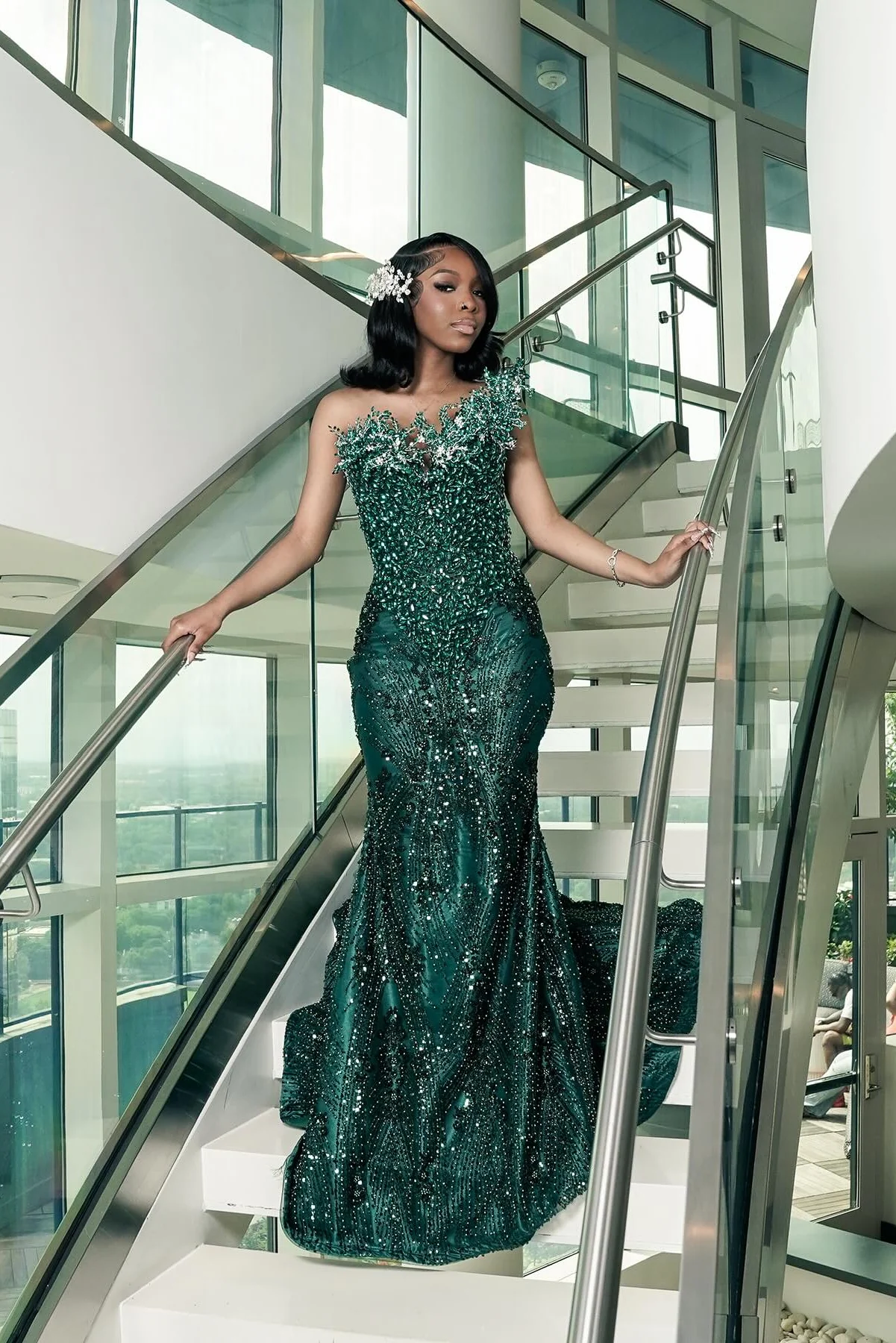 One shoulder Dark green Mermaid Sparkle Floor length Prom Dresses-LLELLA