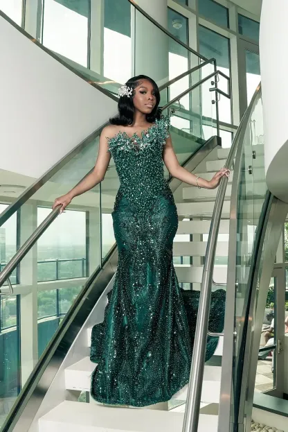 One shoulder Dark green Mermaid Sparkle Floor length Prom Dresses