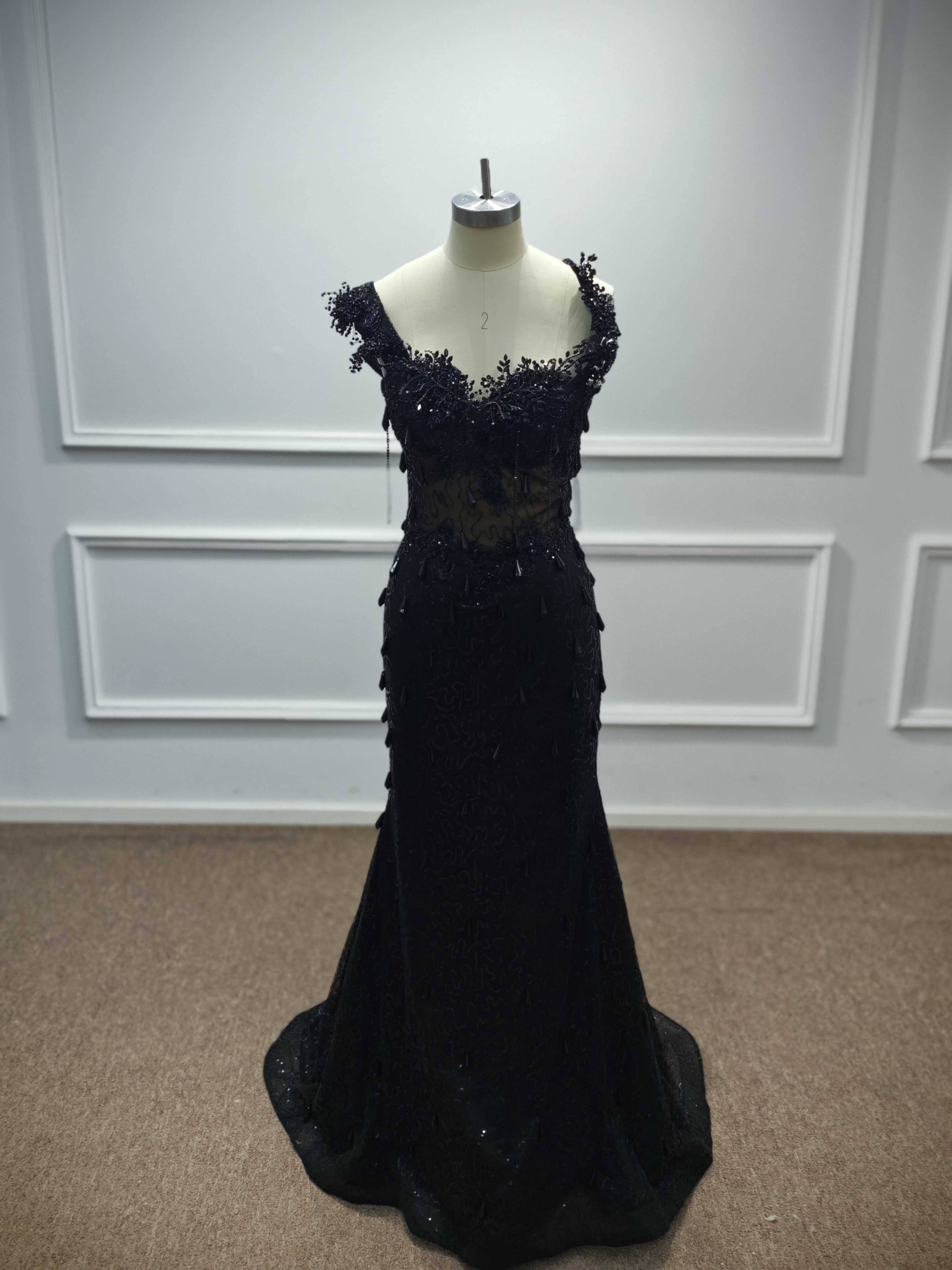 Luxury Black Sequin Mermaid Prom Dress – Illusion Corset Bodice with 3D Beaded Lace & Off-the-Shoulder Detail | 2026 Gothic Glamour Evening Collection-LLELLA