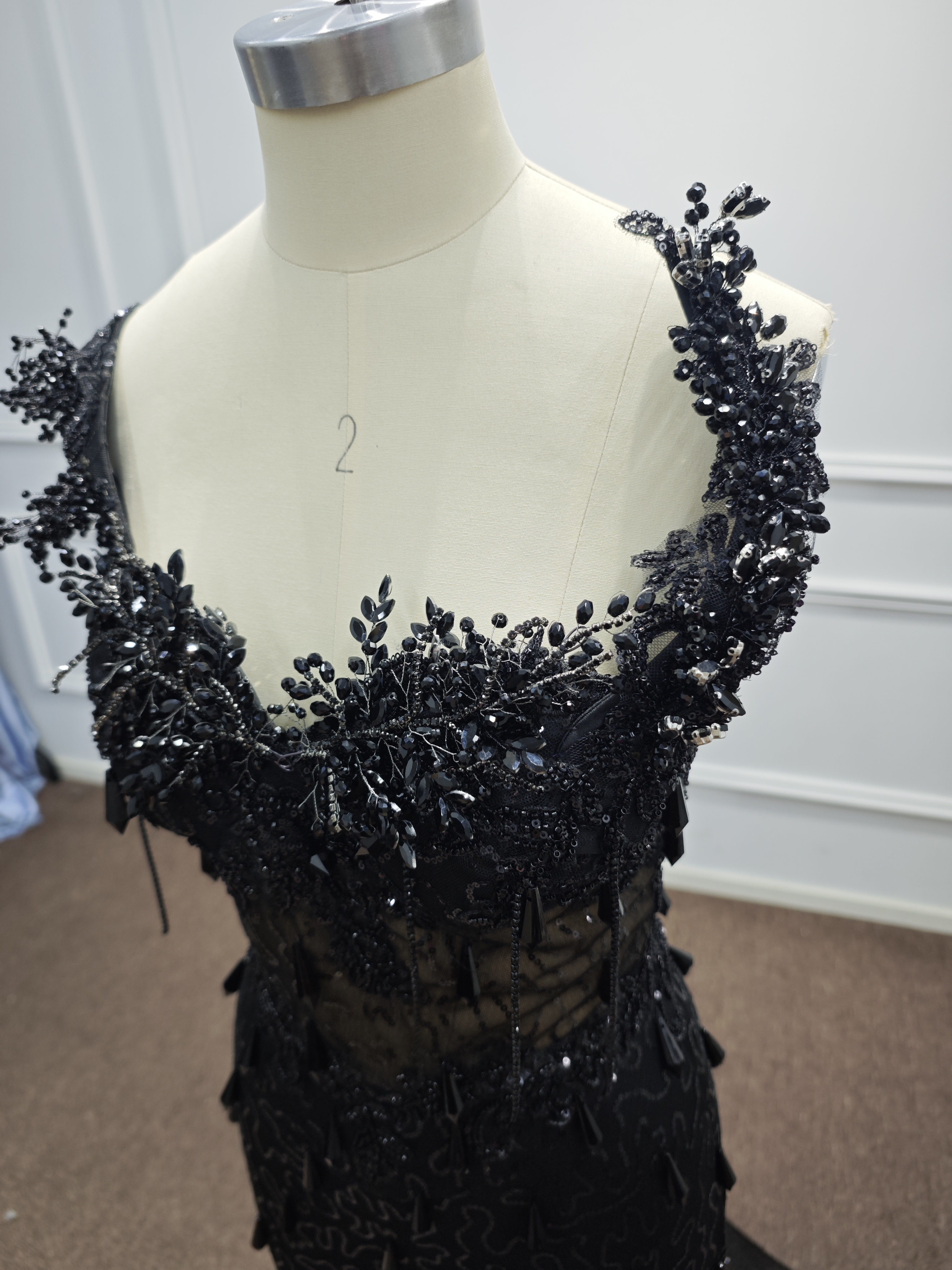 Luxury Black Sequin Mermaid Prom Dress – Illusion Corset Bodice with 3D Beaded Lace & Off-the-Shoulder Detail | 2026 Gothic Glamour Evening Collection