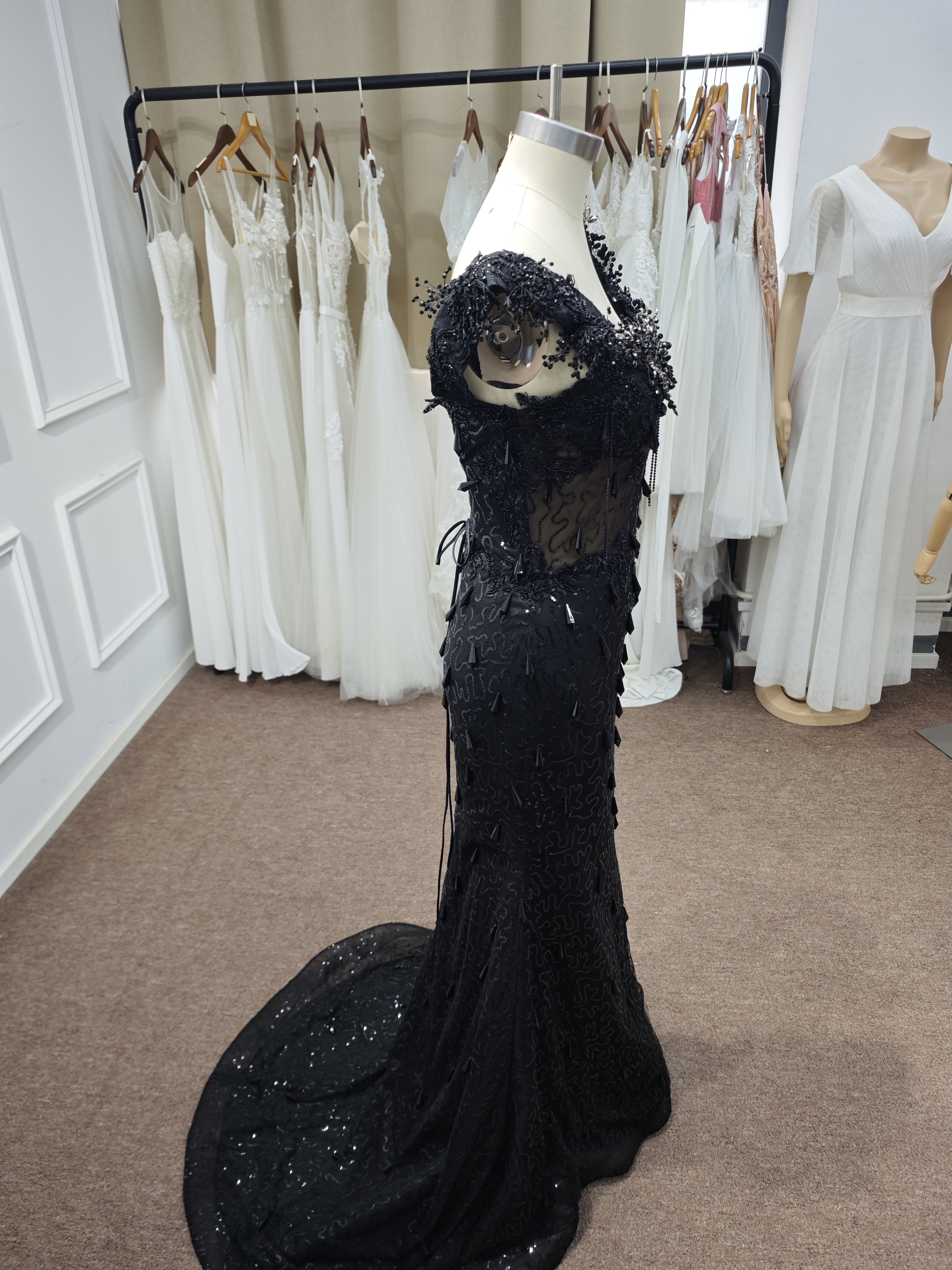 Luxury Black Sequin Mermaid Prom Dress – Illusion Corset Bodice with 3D Beaded Lace & Off-the-Shoulder Detail | 2026 Gothic Glamour Evening Collection-LLELLA