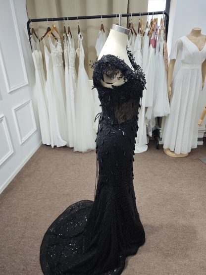 Luxury Black Sequin Mermaid Prom Dress – Illusion Corset Bodice with 3D Beaded Lace & Off-the-Shoulder Detail | 2026 Gothic Glamour Evening Collection