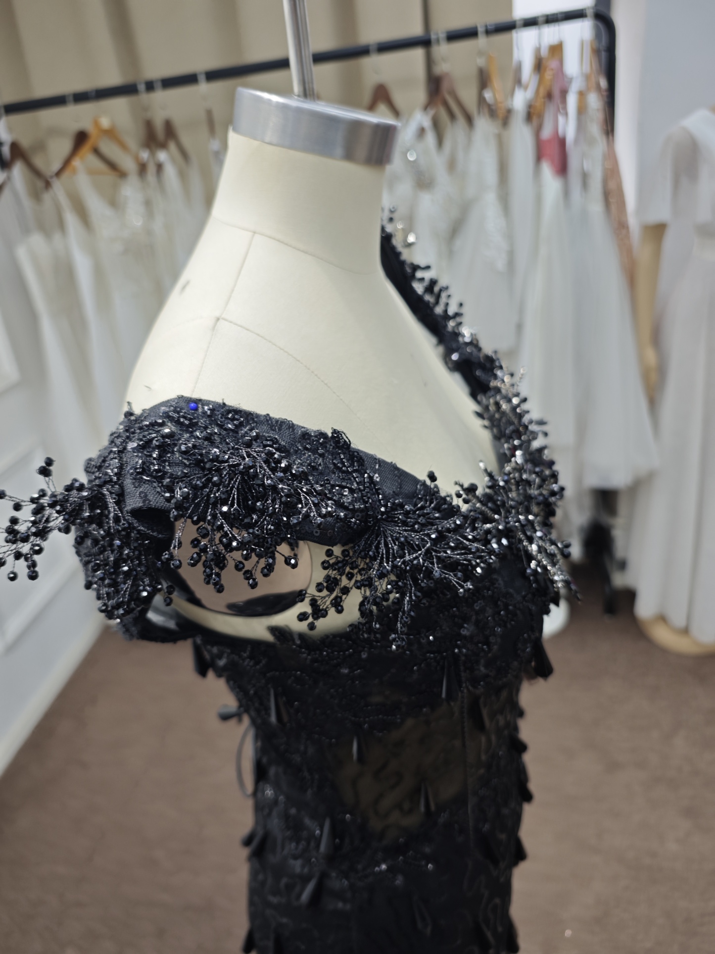 Luxury Black Sequin Mermaid Prom Dress – Illusion Corset Bodice with 3D Beaded Lace & Off-the-Shoulder Detail | 2026 Gothic Glamour Evening Collection