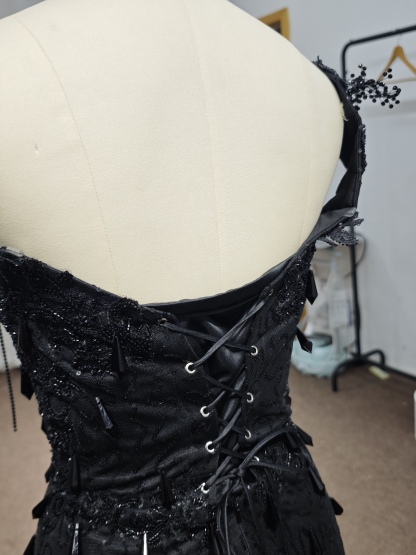 Luxury Black Sequin Mermaid Prom Dress – Illusion Corset Bodice with 3D Beaded Lace & Off-the-Shoulder Detail | 2026 Gothic Glamour Evening Collection