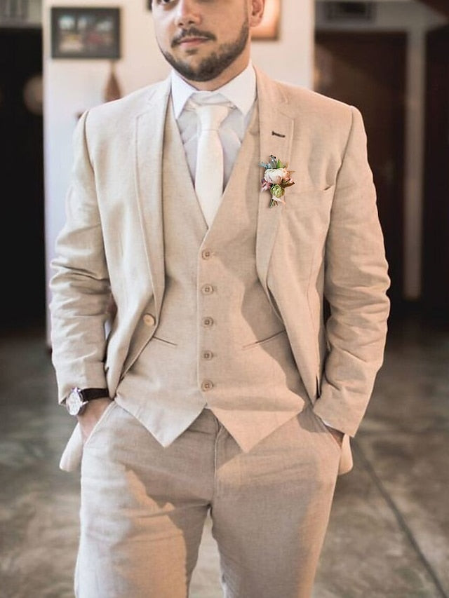Men's Tailored Fit Single Breasted Two-buttons 3 Pieces Linen Suits Beige