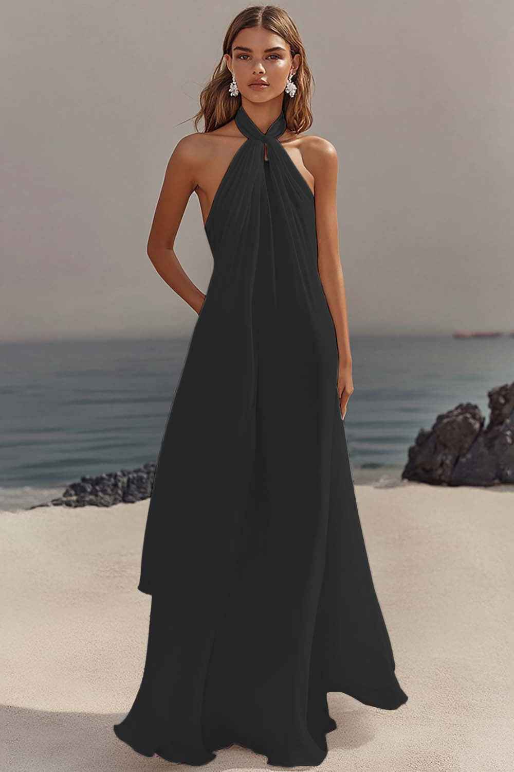 Flowy Sky Blue Chiffon A Line Halter Backless Long Prom Dress-LLELLA