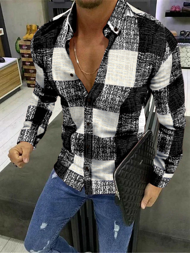 Men's Casual Cotton Blend Long Sleeves Plaid Color Block Shirt Black