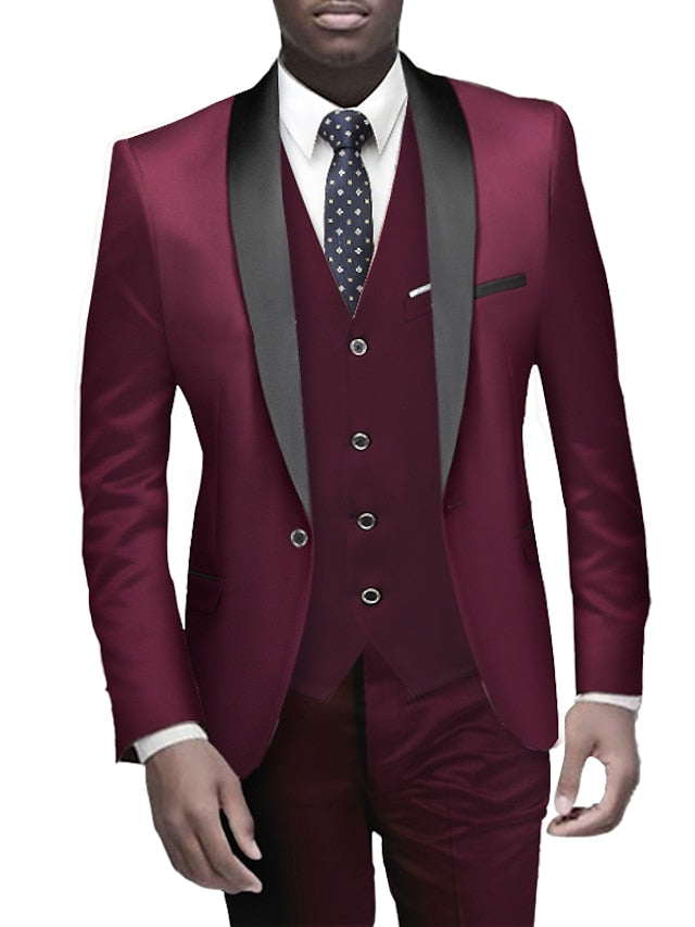 Men's Standard Fit Single Breasted One-button 3 Pieces Wedding Suits Burgundy