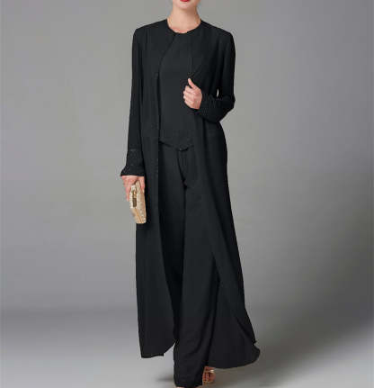 Long-Sleeve Chiffon Mother of the Bride Pantsuit with Jacket and Sequins-LLELLA