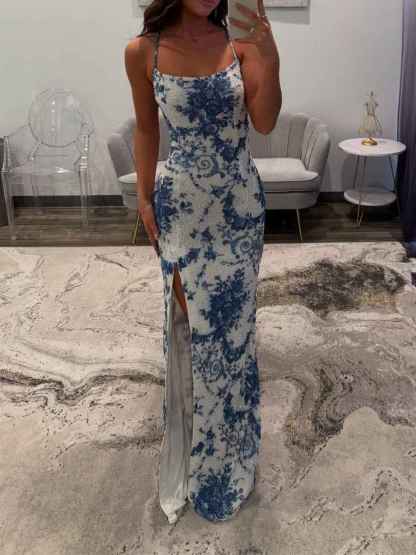 Blue Porcelain Print Spaghetti Straps Beaded Long Prom Dress with Slit