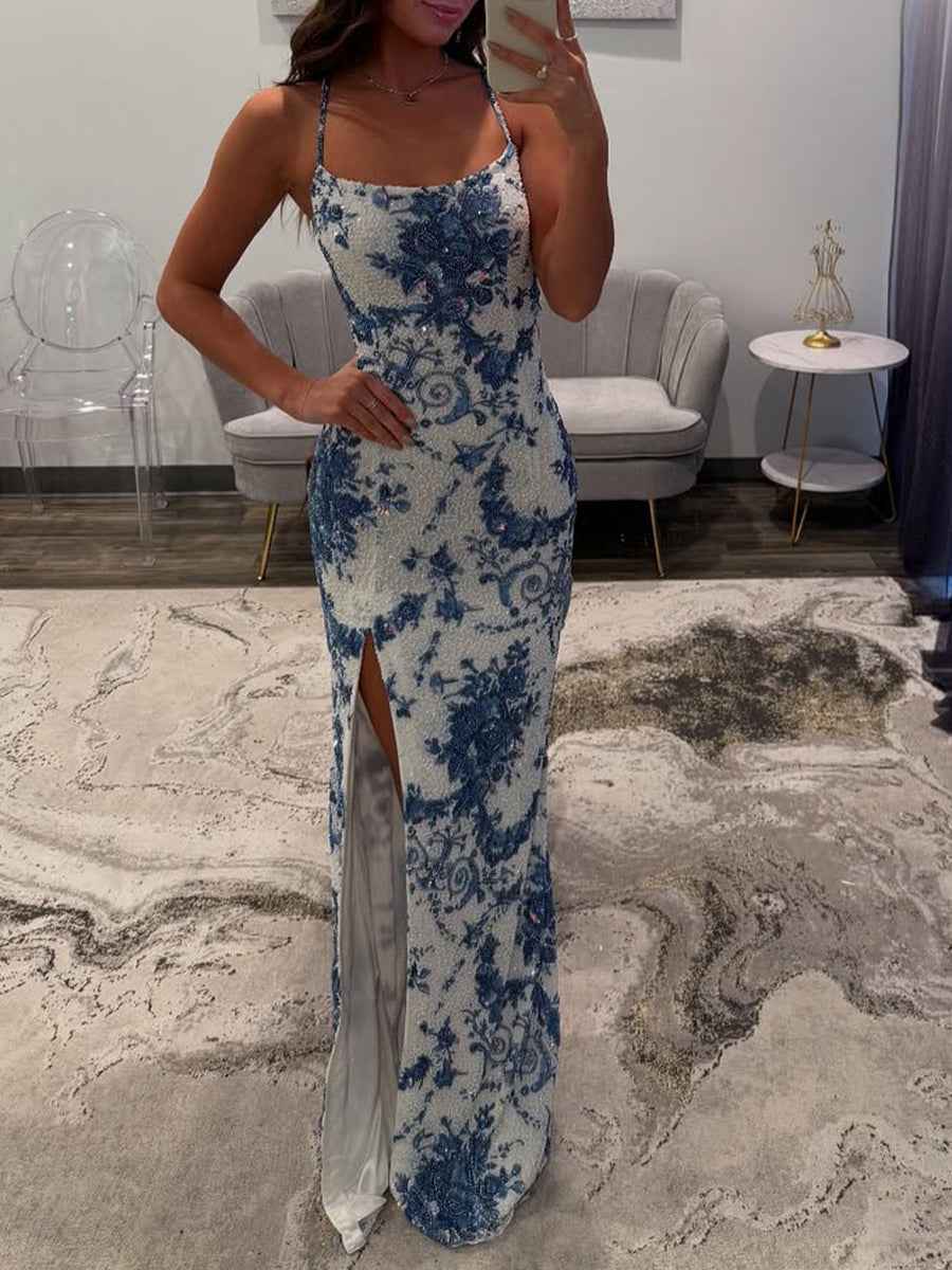 Blue Porcelain Print Spaghetti Straps Beaded Long Prom Dress with Slit