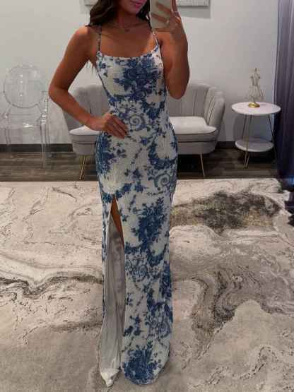 Blue Porcelain Print Spaghetti Straps Beaded Long Prom Dress with Slit