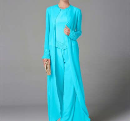 Long-Sleeve Chiffon Mother of the Bride Pantsuit with Jacket and Sequins-LLELLA