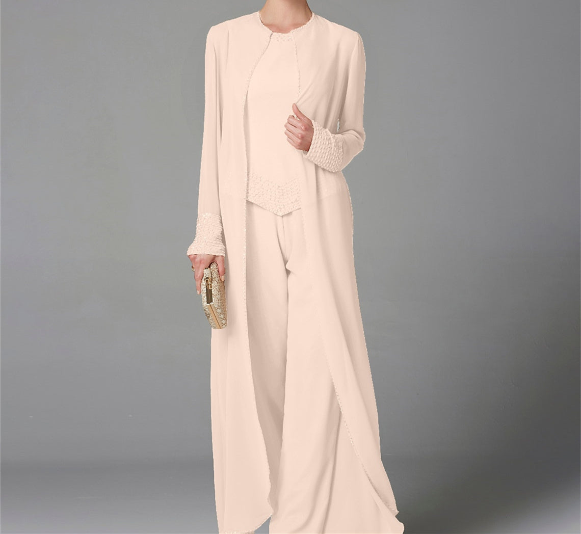 Long-Sleeve Chiffon Mother of the Bride Pantsuit with Jacket and Sequins-LLELLA