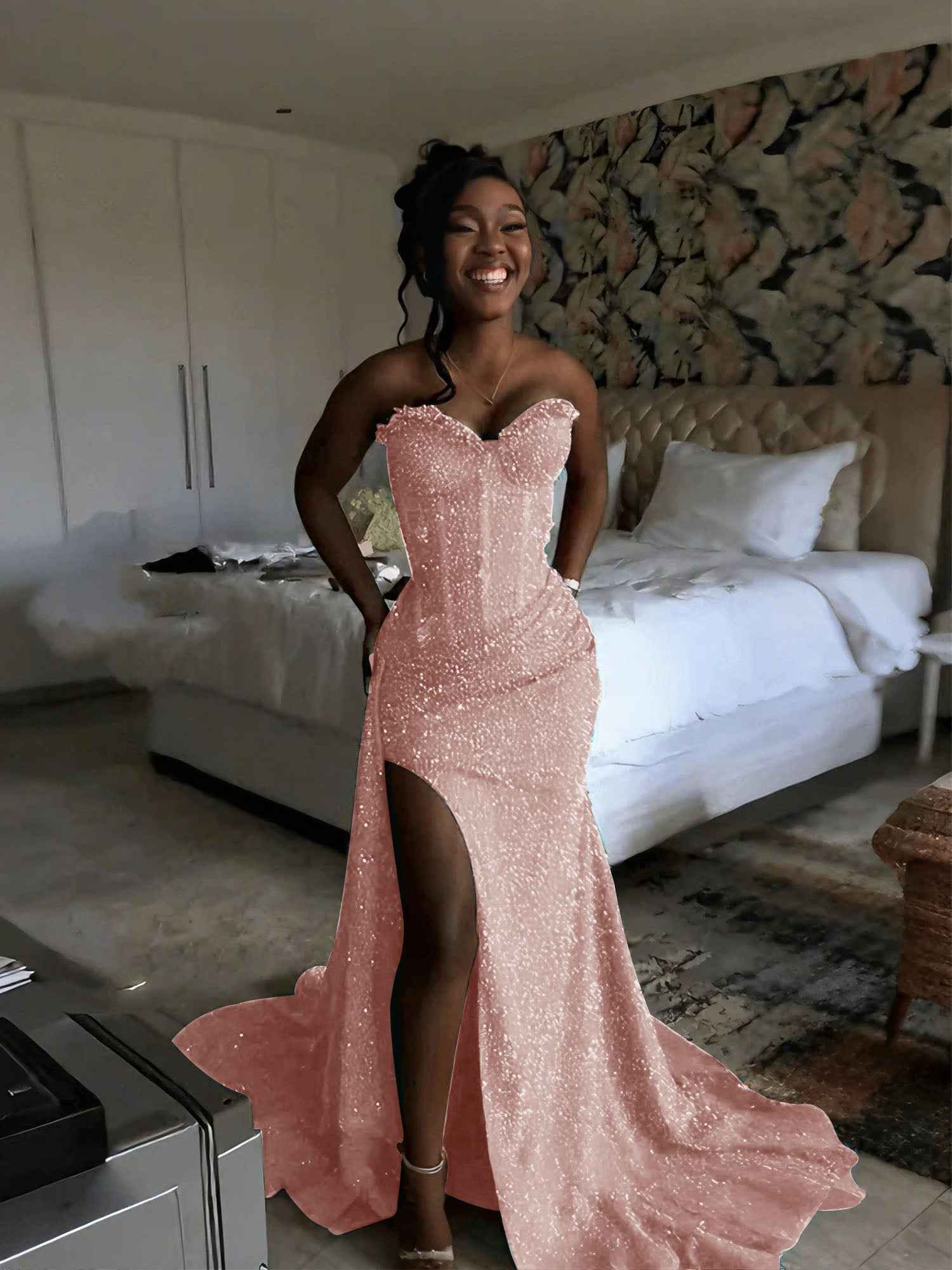 Glitter Strapless Mermaid Sequined Long Prom Dress with Slit-LLELLA