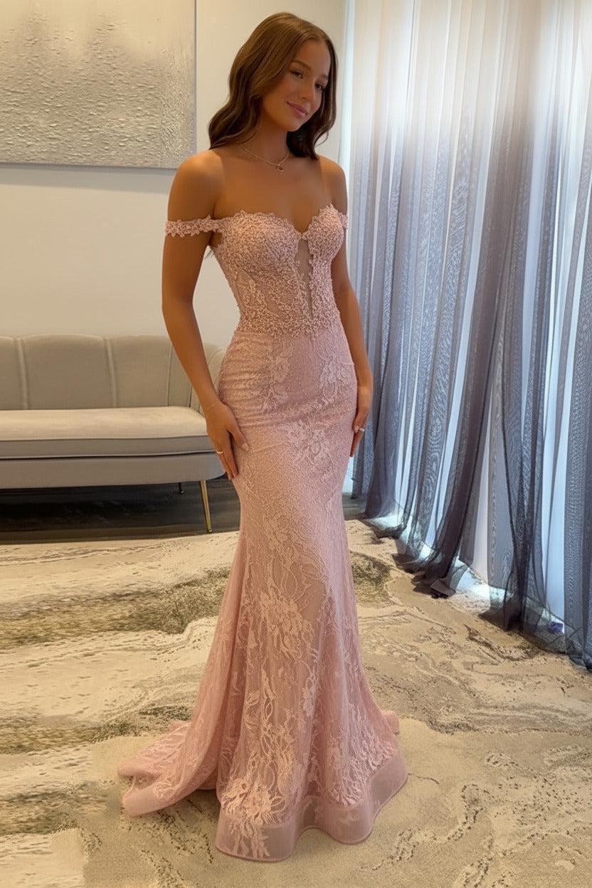 Navy Prom Dress Off The Shoulder Mermaid Long Lace Formal Dress-LLELLA
