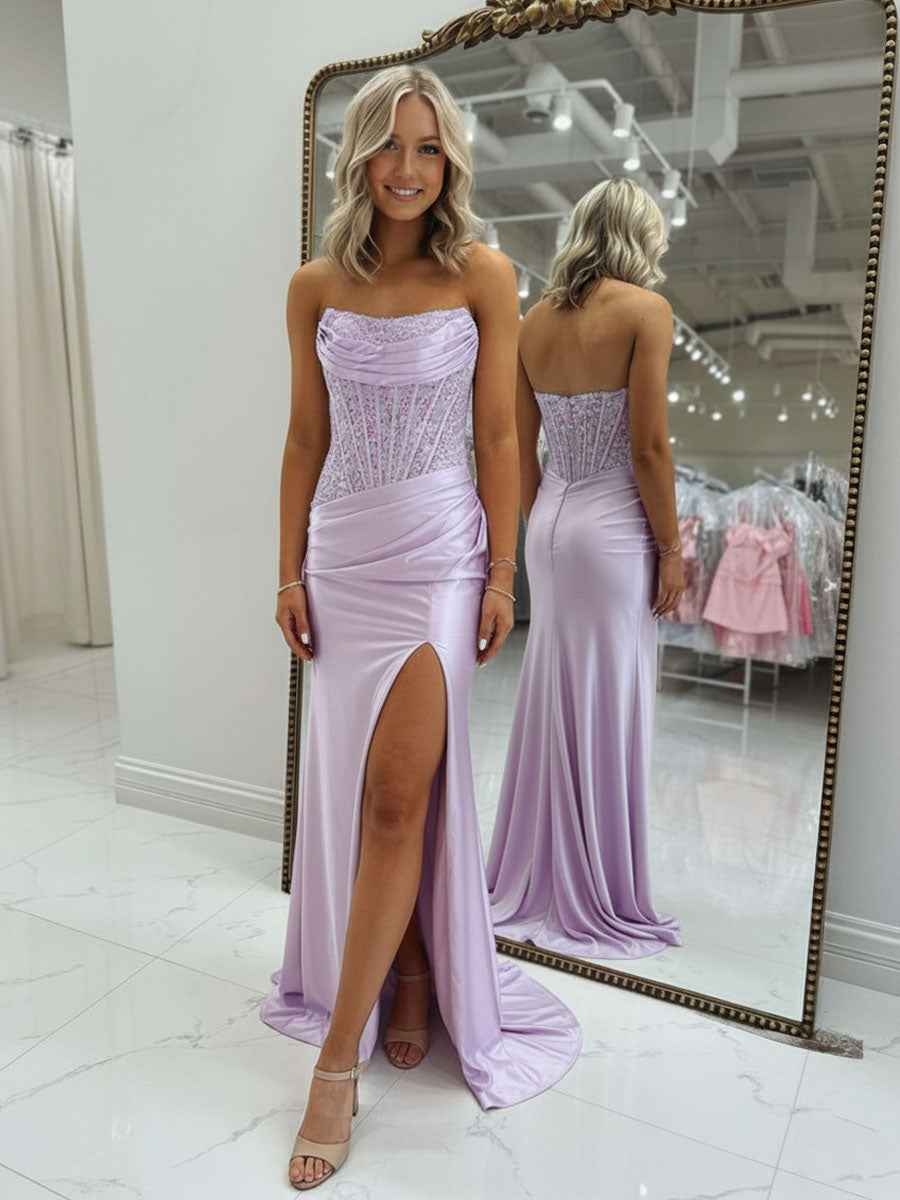 Bodycon Scoop Neck Satin Long Prom Dress with Slit-LLELLA
