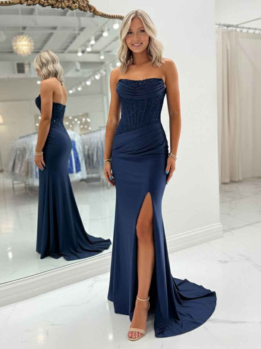 Bodycon Scoop Neck Satin Long Prom Dress with Slit-LLELLA
