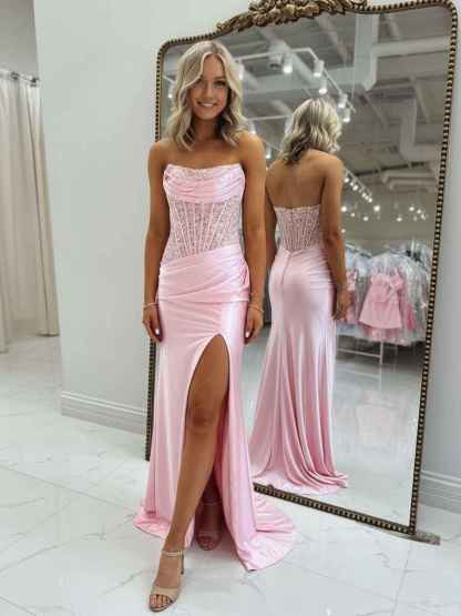 Bodycon Scoop Neck Satin Long Prom Dress with Slit